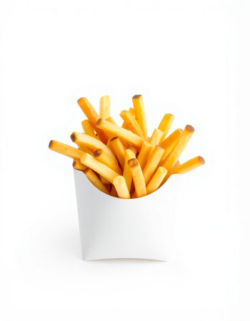 French fries in a paper box on a white background. Isolated