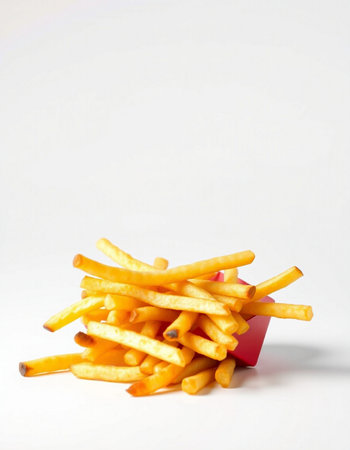 French fries in a red box on a white background, close-up