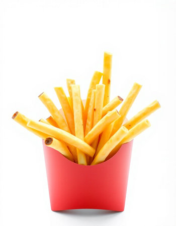 French fries in red box isolated on a white background. Selective focus.