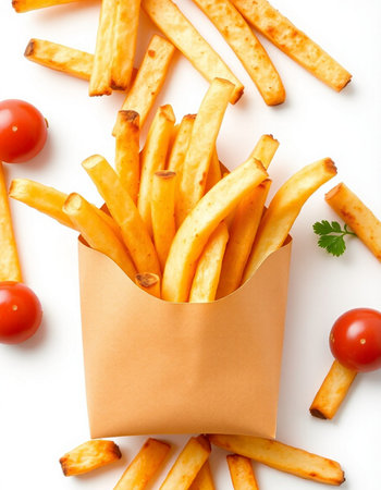 French fries in paper bag isolated on white background. Top view.