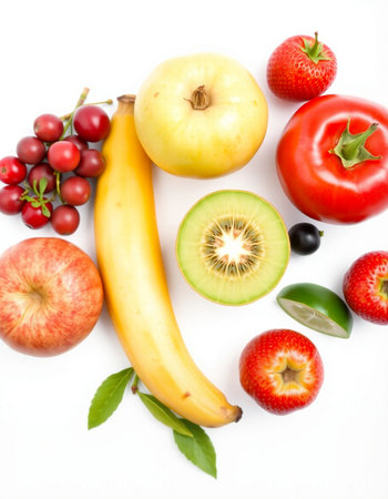 Fruits and vegetables isolated on white background. Healthy food concept.の写真素材