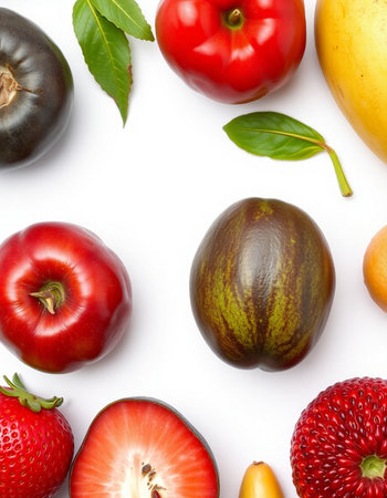 Fruits and vegetables isolated on white background. Flat lay, top view