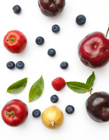 Cherry, strawberry, blueberry and gooseberry on white background