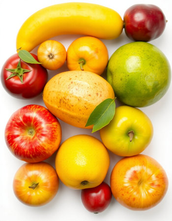 Fruits and vegetables isolated on a white background. Top view.の写真素材