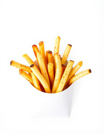 French fries in a white box isolated on white background.