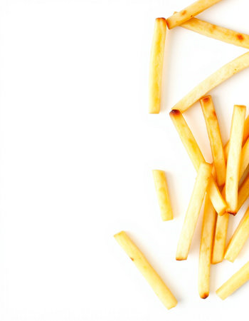 French fries isolated on white background. Top view. Copy space.