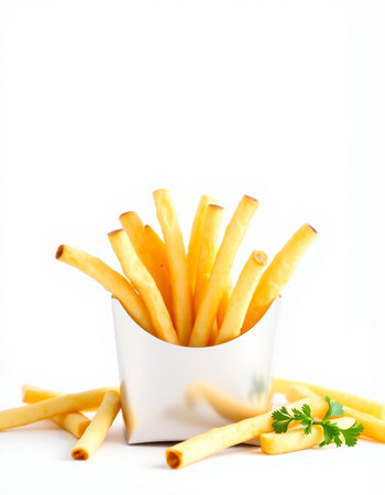 French fries with parsley on white background. Shallow dof.