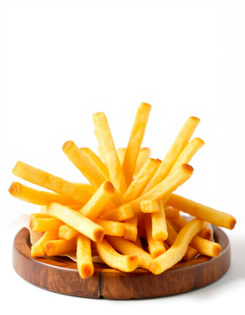 French fries in wooden plate isolated on white background. Selective focus.