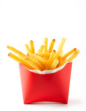 French fries in a red box on a white background. Isolated