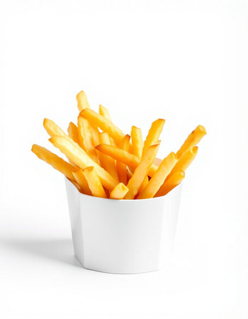 French fries in a white bowl on a white background. Isolated