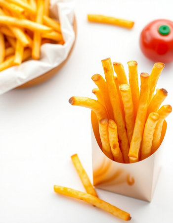 French fries in paper box on white background. Shallow dof.
