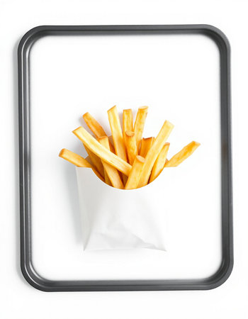 French fries in paper bag isolated on white background. Top view.