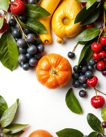 Fruits and berries on white background. Top view, flat layの写真素材