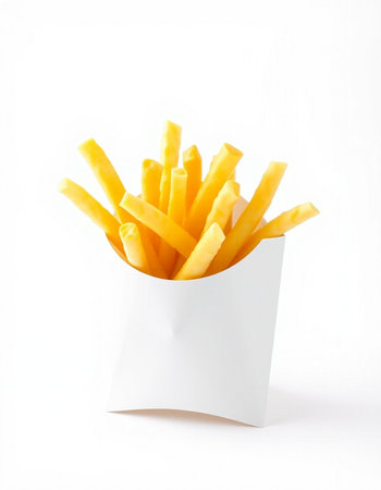 French fries in a white box on a white background. Isolated