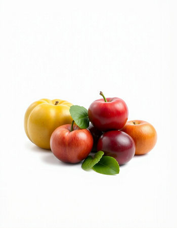 Red and yellow plums with green leaves isolated on a white backgroundの写真素材