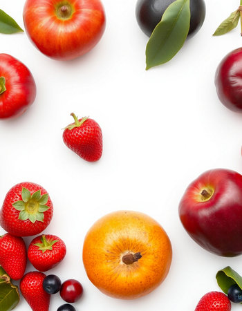 Fruits and berries on white background. Top view. Flat lay pattern