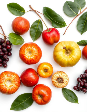 Fruits and leaves isolated on white background. Flat lay, top view
