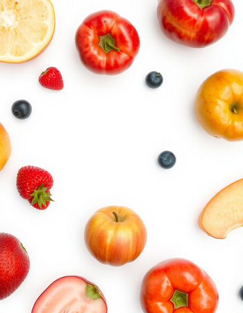 Fruits and berries on white background. Flat lay, top viewの写真素材