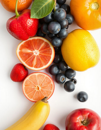 Fresh fruits and berries on white background, top view. Healthy food