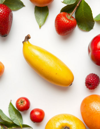 Fruits and berries on white background, top view. Flat layの写真素材