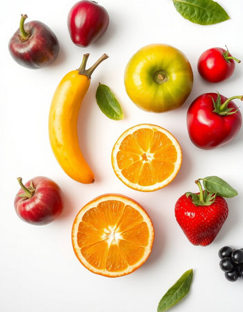 Fruits and vegetables on a white background. Flat lay, top view