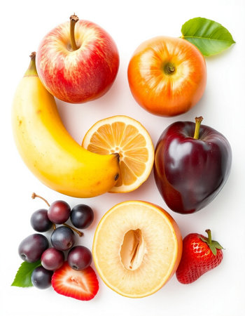 Fresh fruits isolated on white background. Healthy food concept. Top view.の写真素材