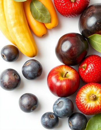 Fruits and vegetables isolated on a white background. Top view.の写真素材