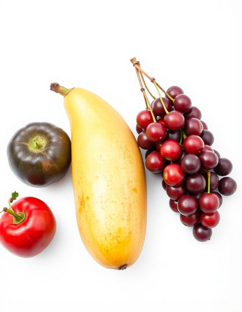 Fruits and vegetables isolated on white background. Healthy food concept.