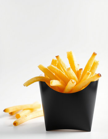 French fries in a black plastic box on a white background. Close up.