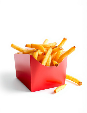 French fries in a red box isolated on white background. Fast food.