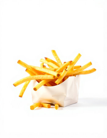 French fries in paper bag isolated on white background. Selective focus.