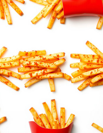 Tasty french fries in red bowl on white background, top viewの写真素材