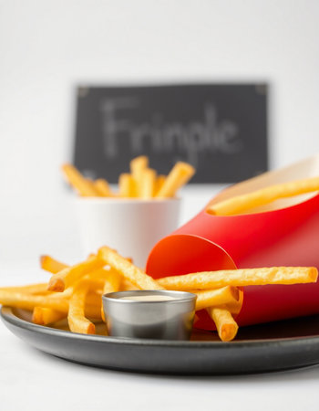 French fries with sauce on a white table. Selective focus.