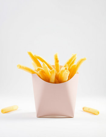 French fries in a paper box on a white background. Fast food.の写真素材