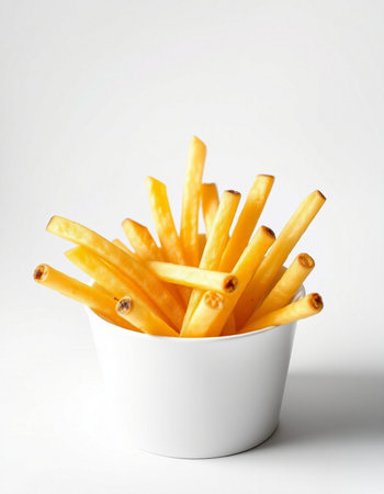 French fries in a white bowl on a white background, close-up