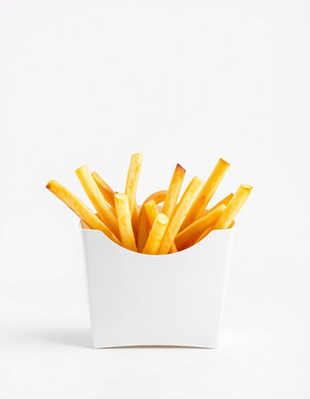French fries in a white box on a white background, isolated.
