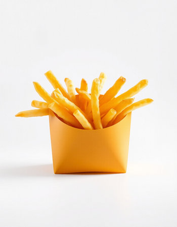 French fries in a paper box on a white background. Fast food.の写真素材