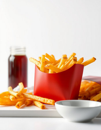 French fries in a red box on a white background, selective focus