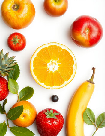 Fruits and berries on white background. Flat lay, top viewの写真素材
