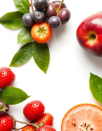 Fruits and berries isolated on white background. Top view. Flat lay.の写真素材