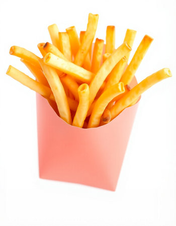 French fries in a red box on a white background, isolated.