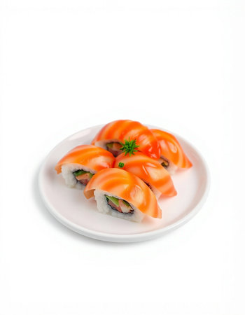 Sushi roll with salmon, cream cheese and cucumber on white backgroundの写真素材