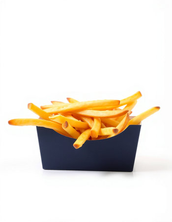 French fries in a blue box on a white background. Isolated