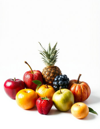 Fruits isolated on white background. Healthy food concept. Copy space.
