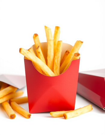 French fries in a red box on a white background close-up