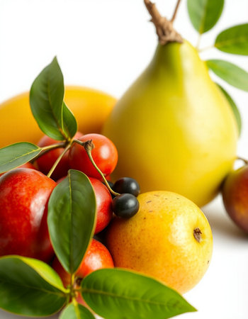 Fruits isolated on a white background. Ripe pears, plums, grapes, apples and pearsの写真素材