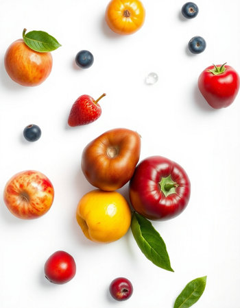 Fruits and berries on white background. Flat lay, top viewの写真素材