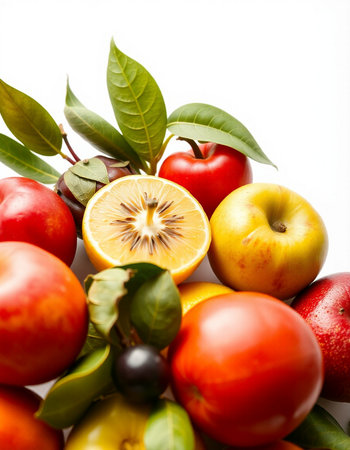 Fresh fruits and vegetables isolated on white background. Healthy food concept.の写真素材