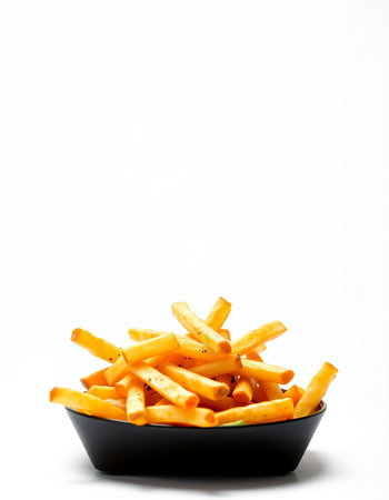 french fries in black bowl isolated on white background, copy spaceの写真素材