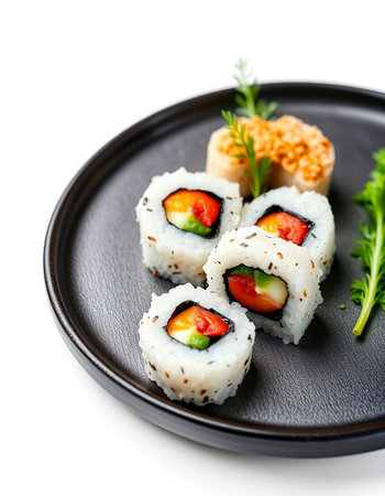 Sushi rolls on black plate isolated on white background. Japanese foodの写真素材